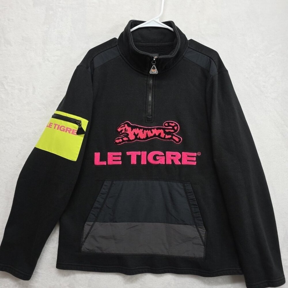 Le Tigre Vintage Mens Black Embroidered Logo 1/4 Zip Sweatshirt Sz Lg